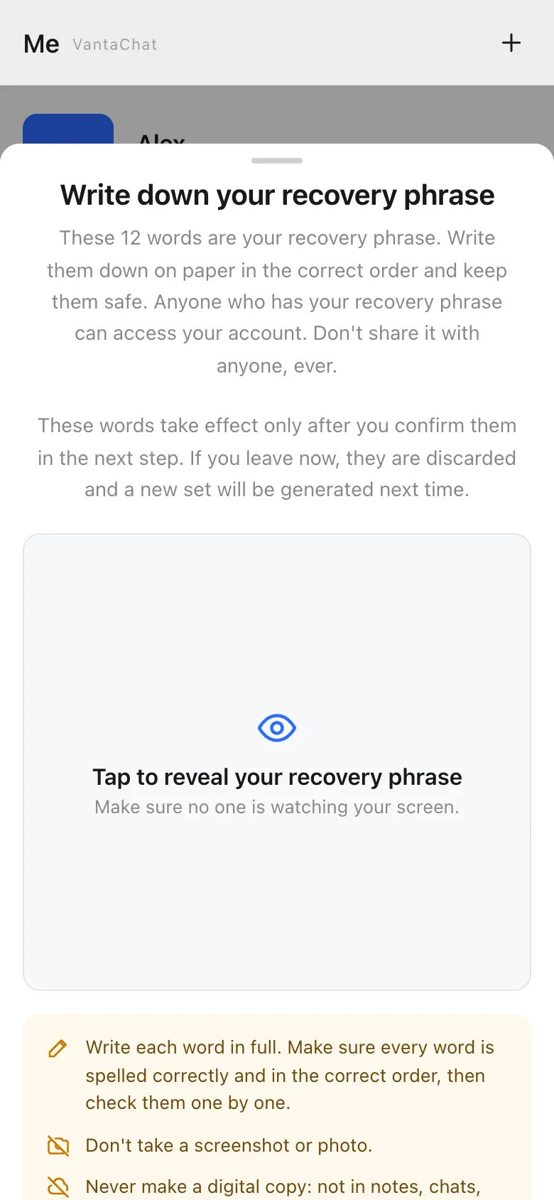 Recovery words screen with the words hidden until clicked
