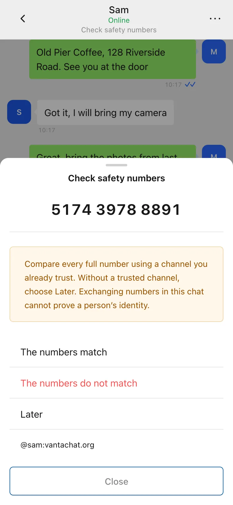 Safety numbers screen showing three groups of numbers